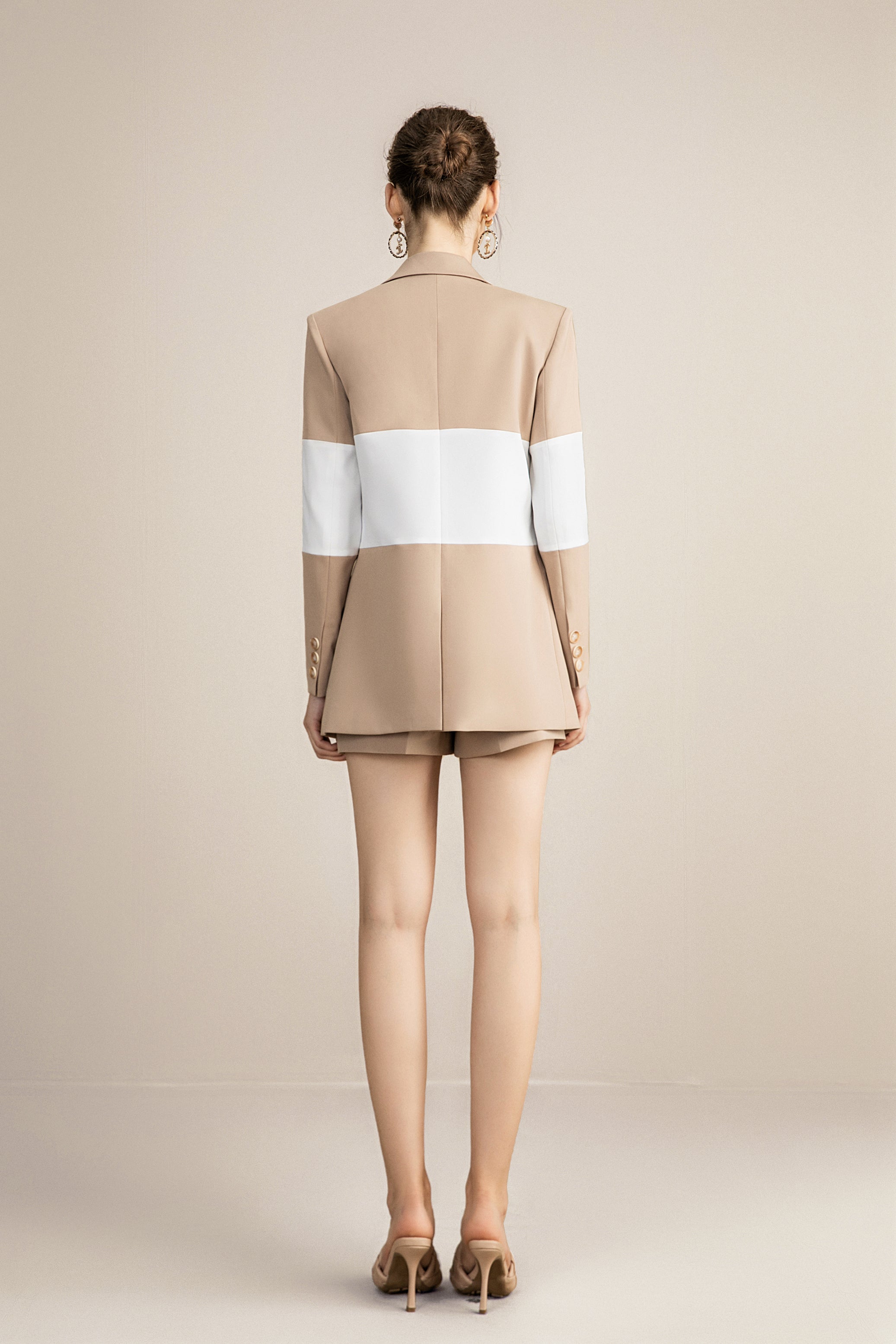 Khaki Color Block Blazer and Short Suits - FashionByTeresa