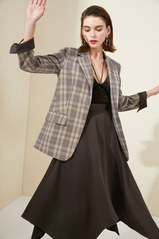 Classic Brown Plaid Blazer Skirt Suit - FashionByTeresa