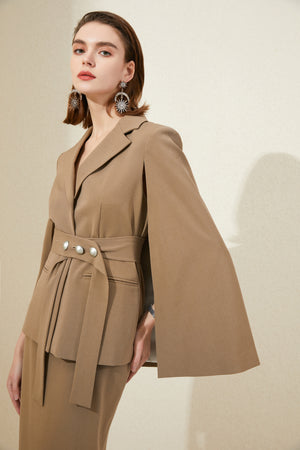 Chocolate Brown Cape Sleeve Blazer Skirt Suit - FashionByTeresa