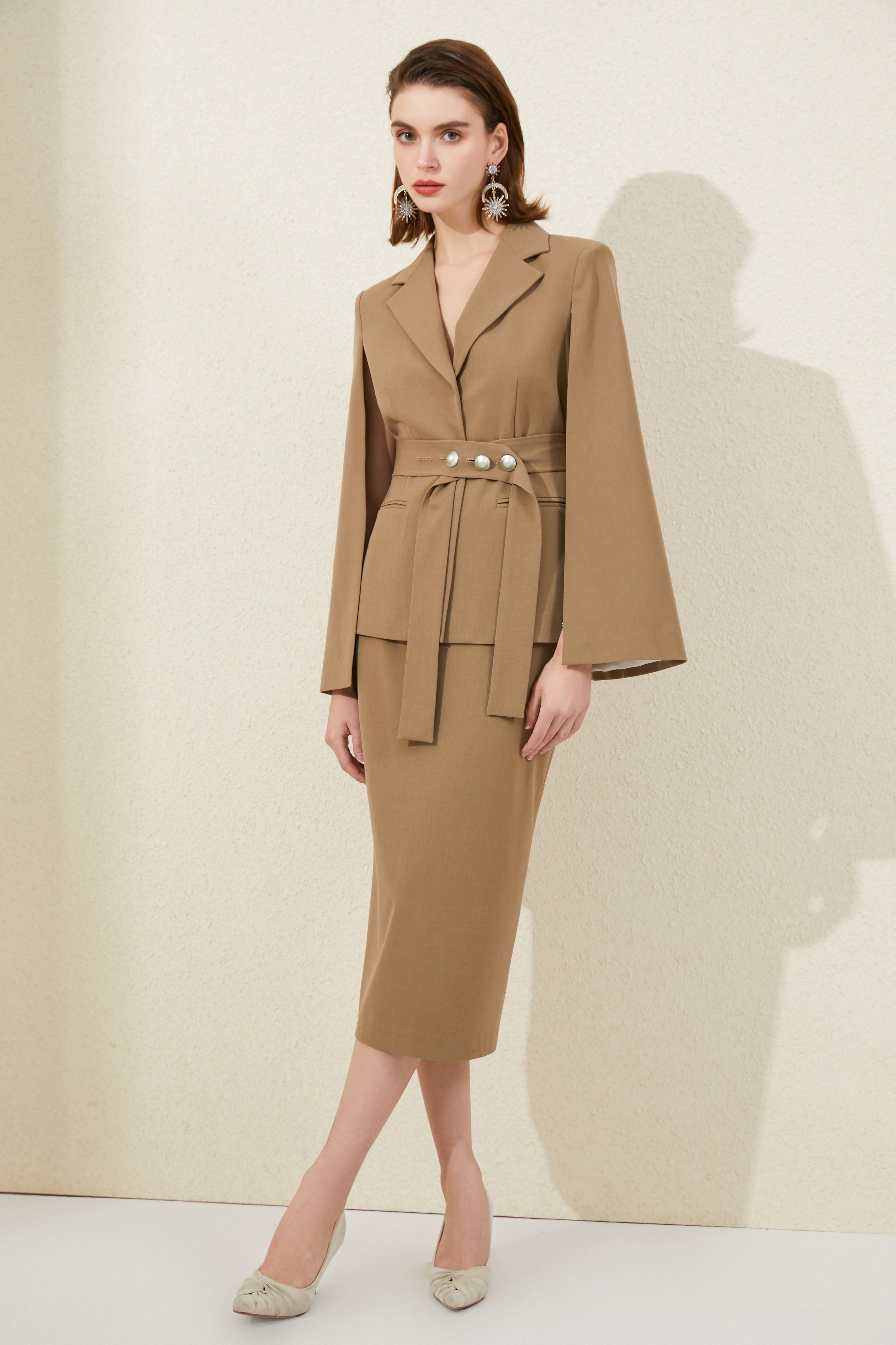 Chocolate Brown Cape Sleeve Blazer Skirt Suit - FashionByTeresa