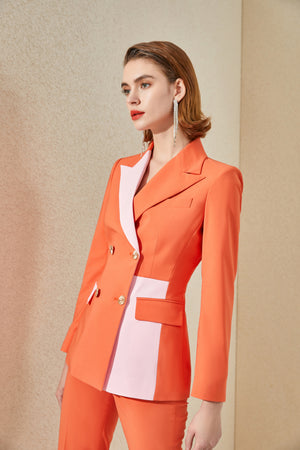 Coral Color Block Double Breasted Flare Pantsuit - FashionByTeresa