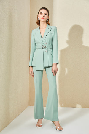 Mint Green V-neck Blazer Pantsuit - FashionByTeresa