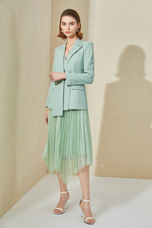 Mint Green V-neck With Pleated Skirt Blazer Skirt Suits - FashionByTeresa