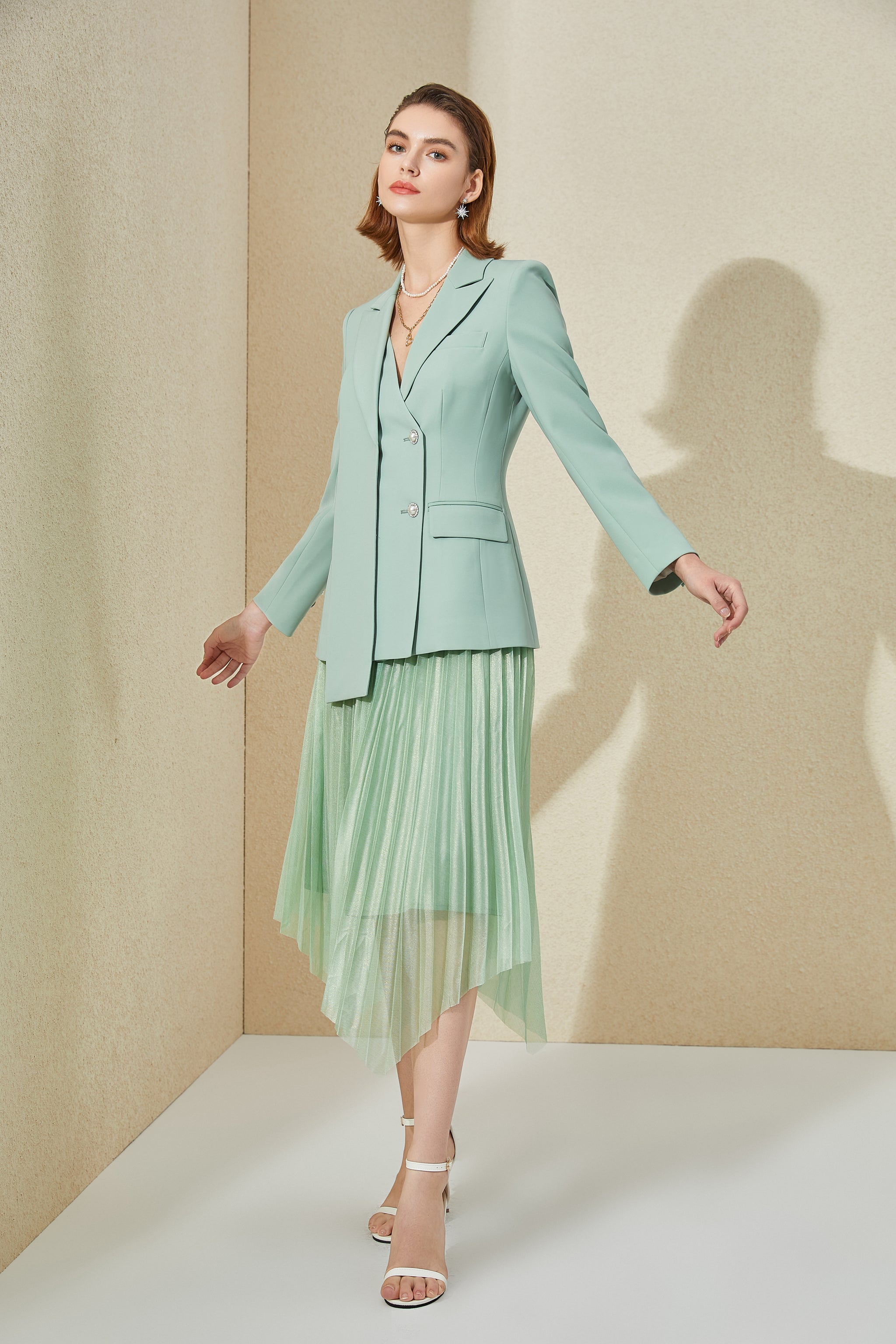 Mint Green V-neck With Pleated Skirt Blazer Skirt Suits | FashionByTeresa