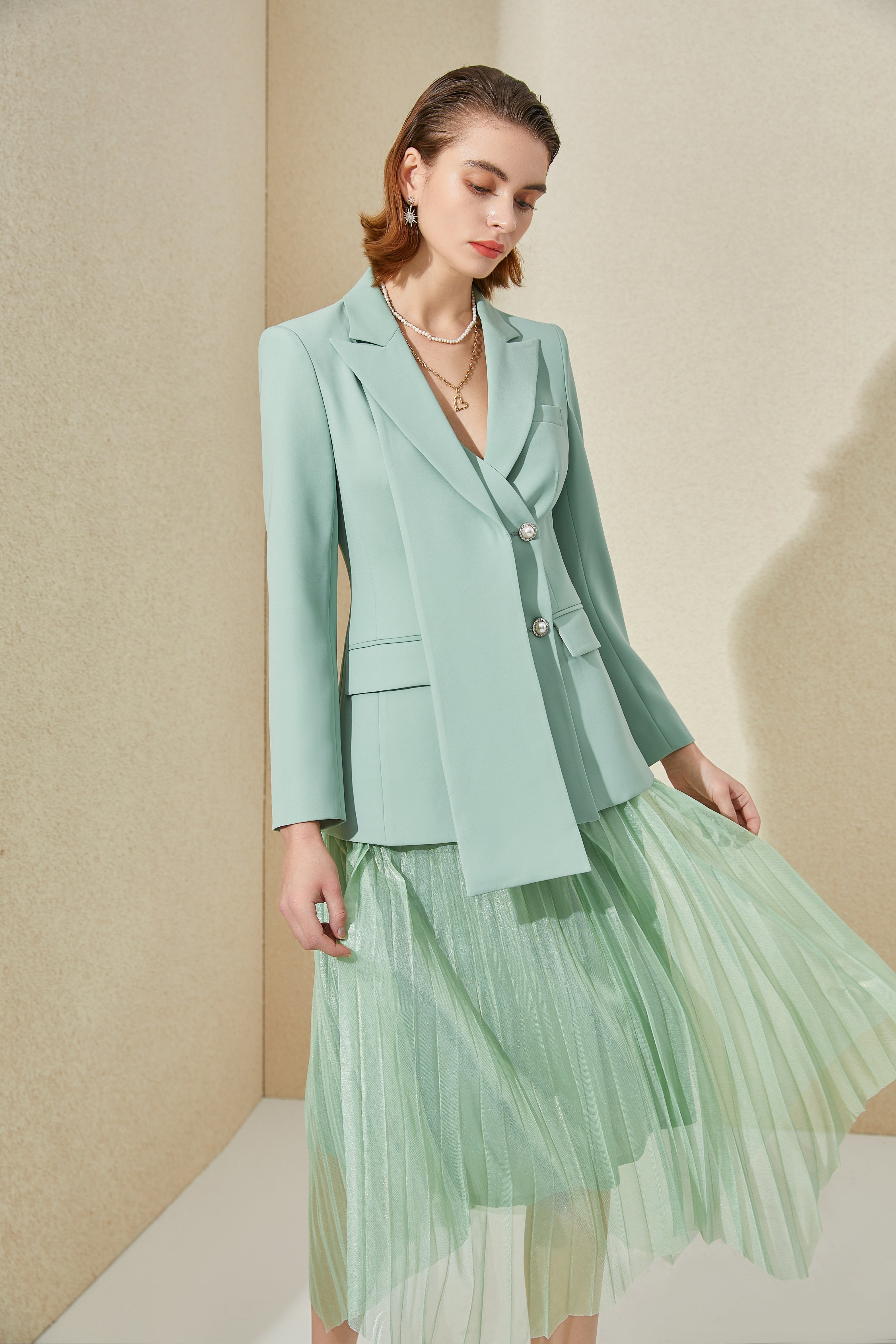 Mint Green V-neck With Pleated Skirt Blazer Skirt Suits - FashionByTeresa
