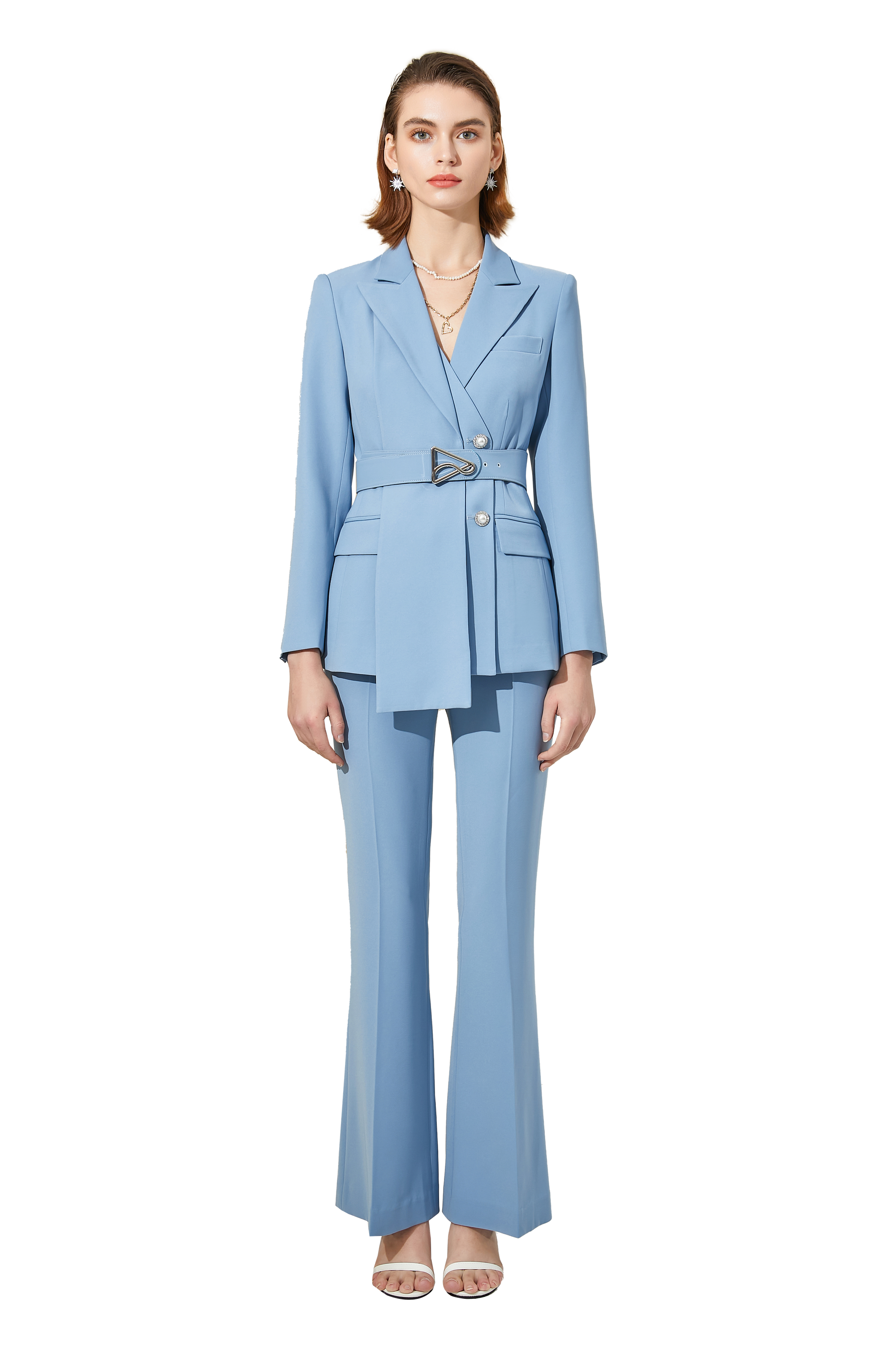 Light Blue V-neck Blazer Pantsuit - FashionByTeresa