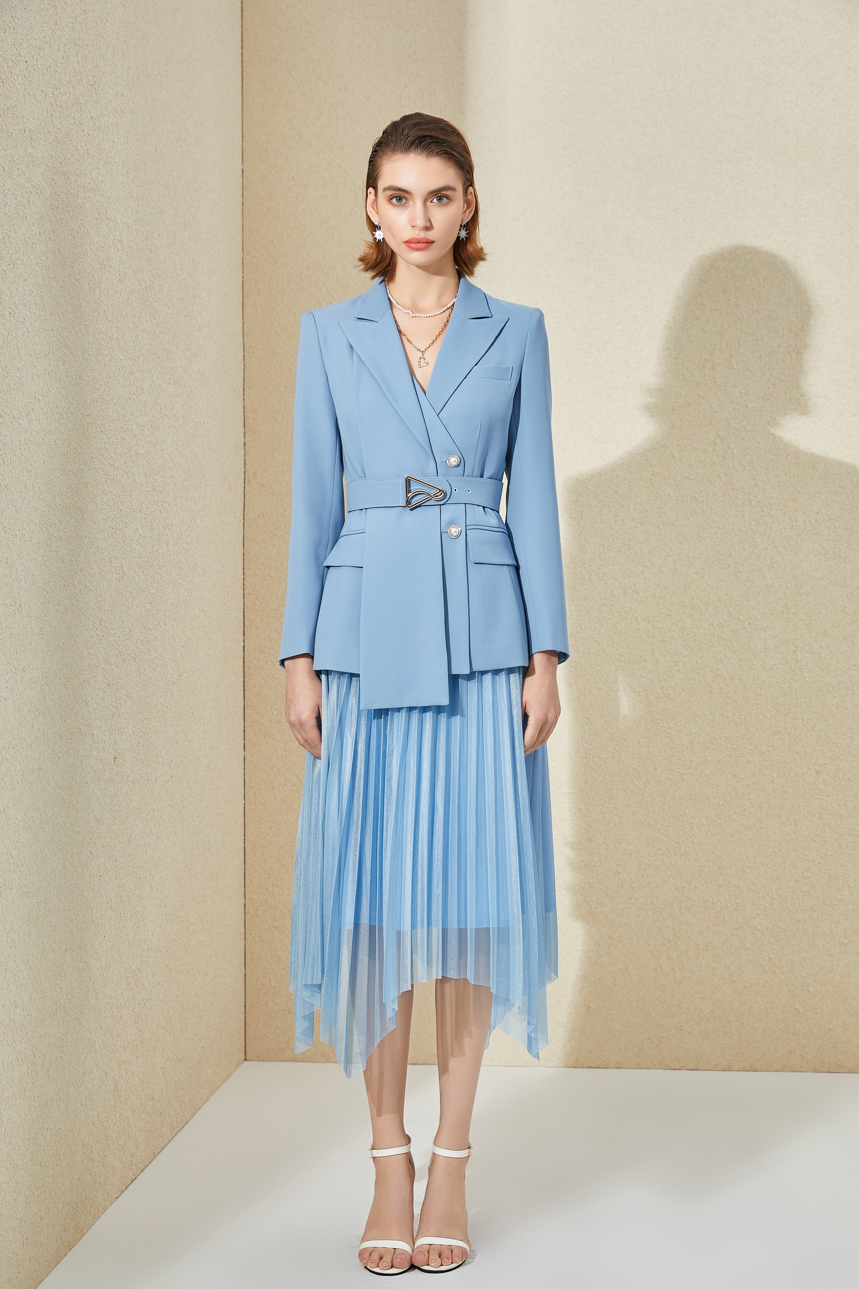 Light Blue V-neck With Pleated Skirt Blazer Skirt Suits - FashionByTeresa