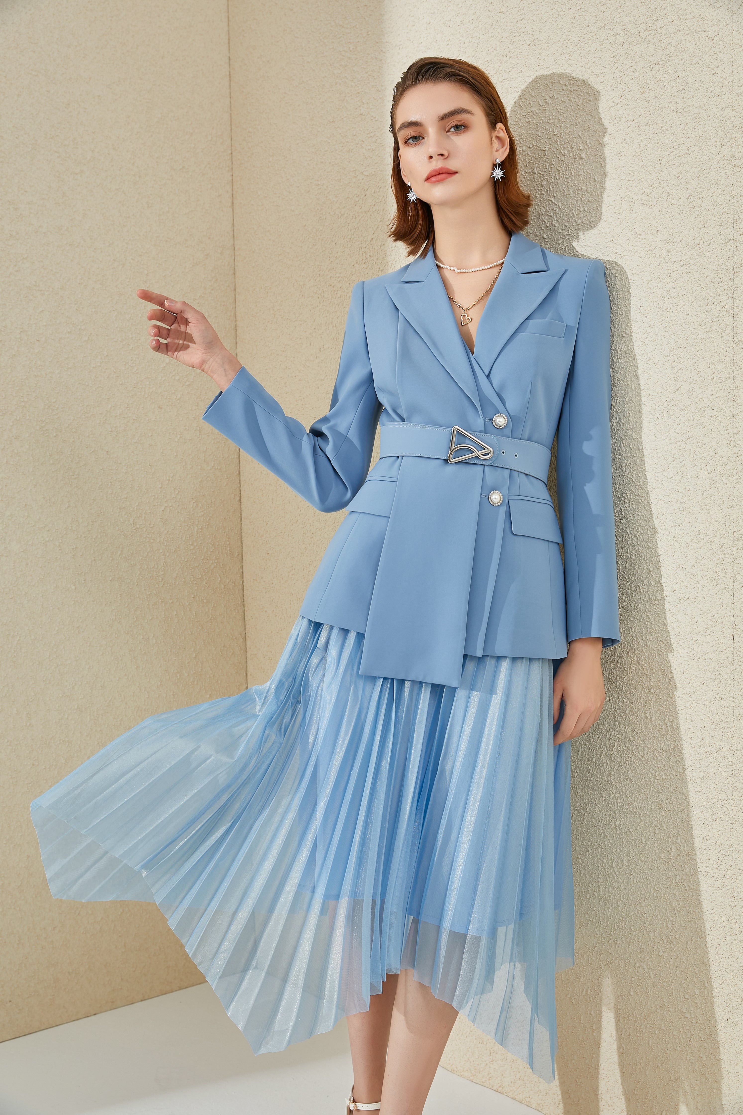 Light Blue V-neck Pleated Blazer Skirt Suits FashionByTeresa