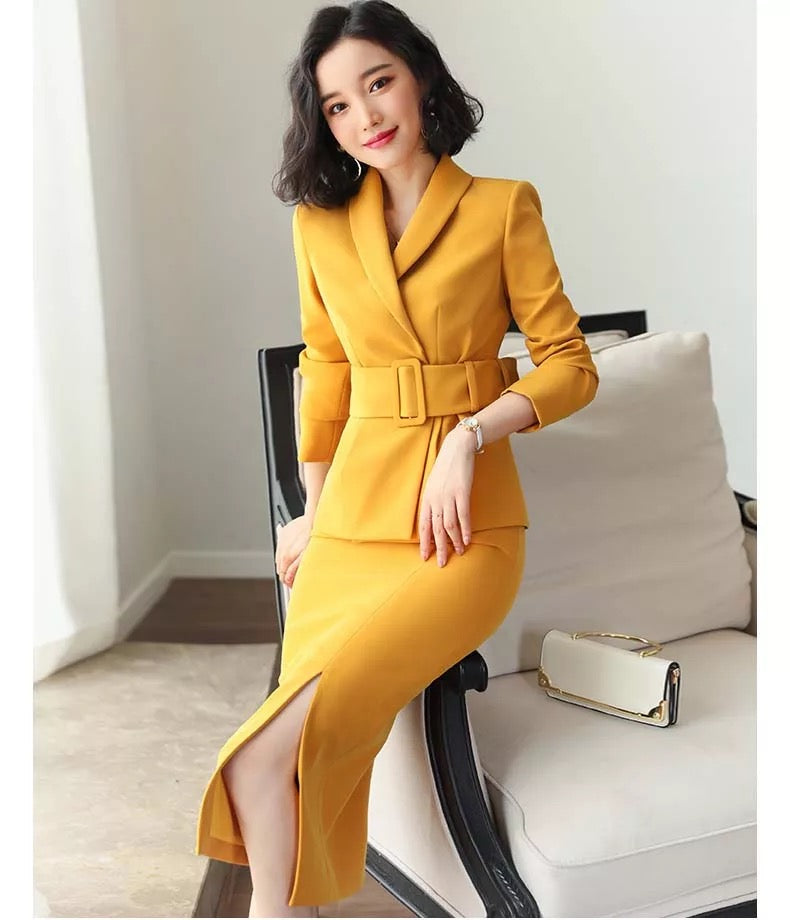 Yellow Belted Two Piece Skirt Suit - FashionByTeresa