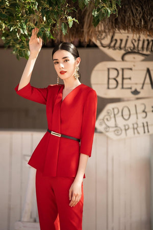 Red Three Quarter Sleeves Pantsuits and Skirt suits - FashionByTeresa