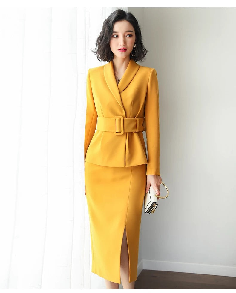 Yellow Belted Two Piece Skirt Suit - FashionByTeresa