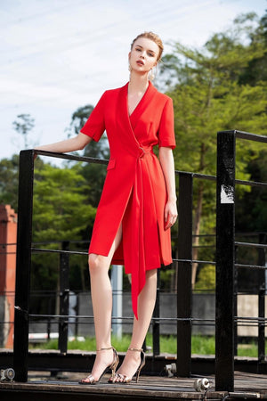Red High Slit V-neck Dress - FashionByTeresa