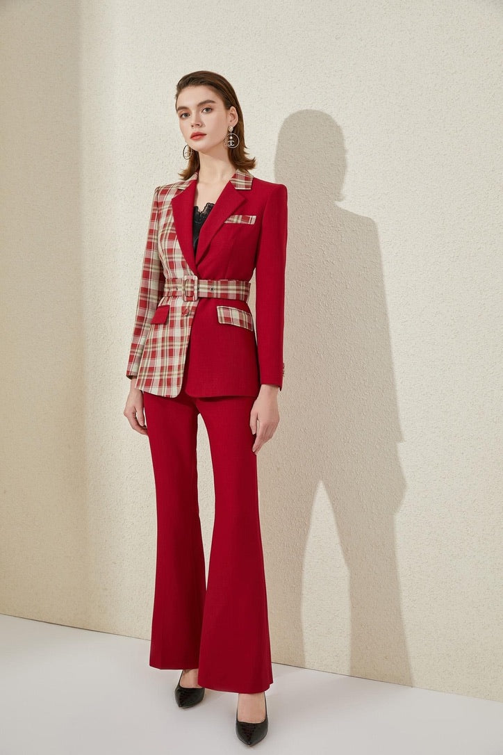 Red Checkered Color-block Pantsuit - FashionByTeresa