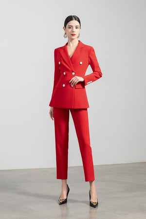 Red Tailored Double Breasted Skirt and Pantsuit - FashionByTeresa
