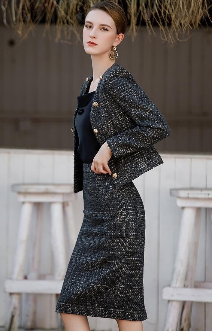 Black Tweed Button-up Jacket and Skirt Set - FashionByTeresa