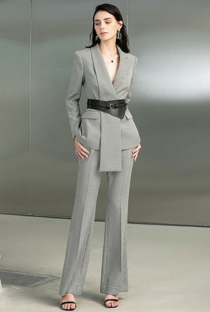 Gray V-neck Pantsuit - FashionByTeresa