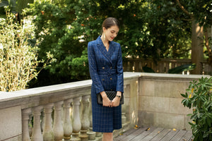 Elegant Navy Blue Pinstripes Double Breasted Shirt Dress - FashionByTeresa