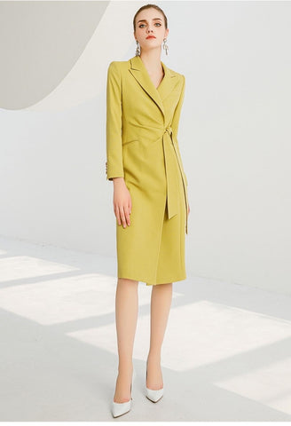 Olive Yellow Faux Wrap Shirt Dress - FashionByTeresa