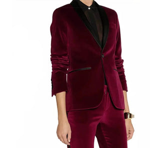 Wine Red Elegant Tuxedo Blazer with Black Lapel - FashionByTeresa