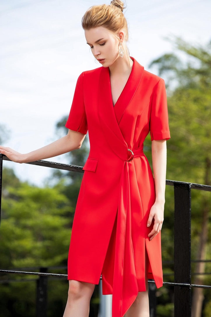 Red High Slit V-neck Dress - FashionByTeresa