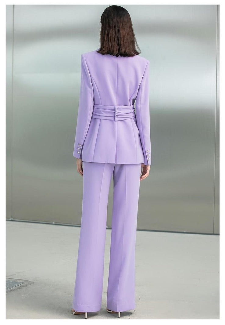 Purple V-Neck Wide Leg Pantsuit Set - FashionByTeresa