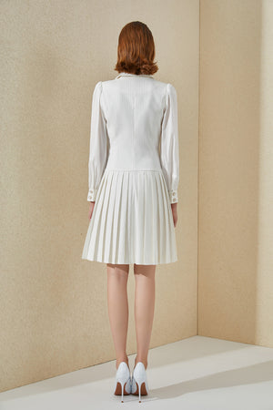 White V-Neck Pinstripes DoubleBreasted Pleated Dress - FashionByTeresa