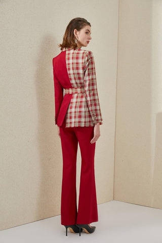 Red Checkered Color-block Pantsuit - FashionByTeresa
