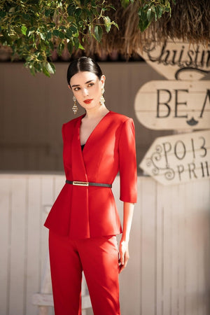 Red Three Quarter Sleeves Pantsuits and Skirt suits - FashionByTeresa