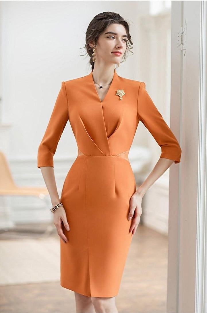 Orange Front Slit V-neck Dress - FashionByTeresa