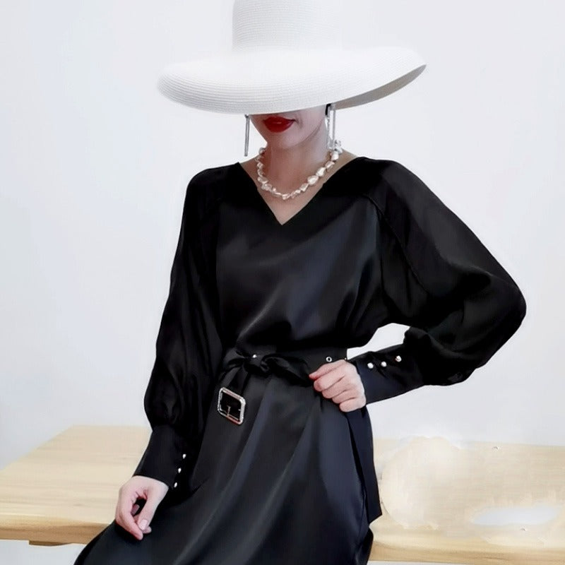 Minimalist Loose Belted V- neck Satin Long Sleeve Midi Dress L / Black Minimalist Loose Belted V- neck Satin Long Sleeve Midi Dress L / Black