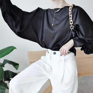 Satin Long Batwing Sleeve Blouse - FashionByTeresa