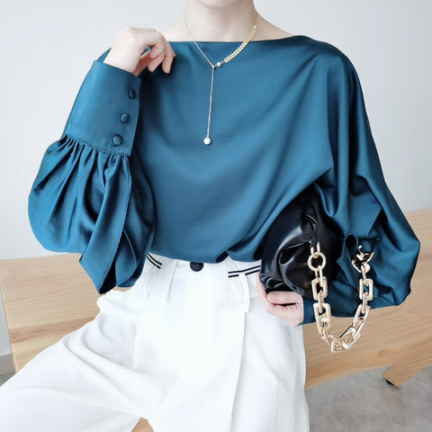 Satin Long Batwing Sleeve Blouse - FashionByTeresa
