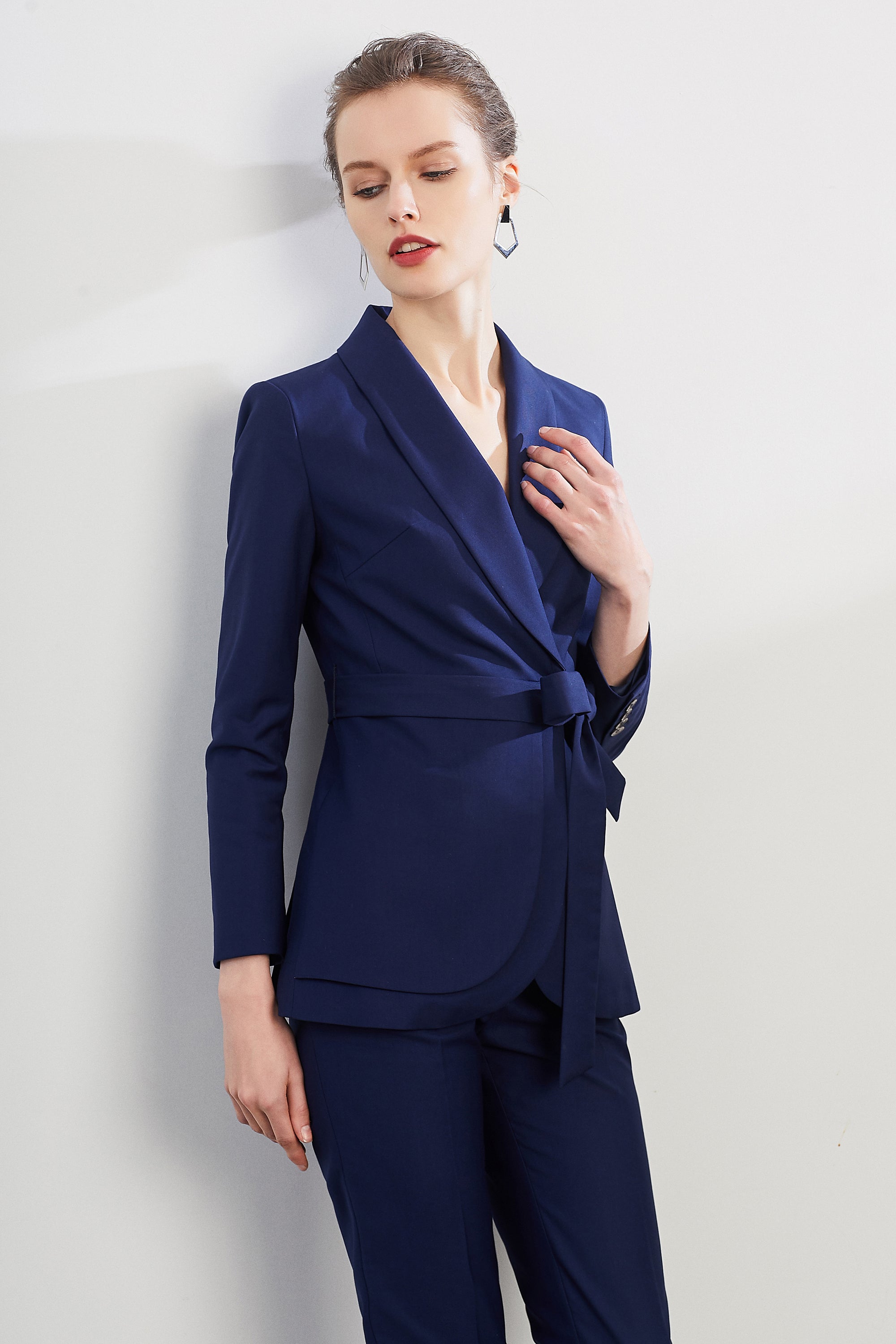 Navy Blue Belted Business Pant suits Set - FashionByTeresa