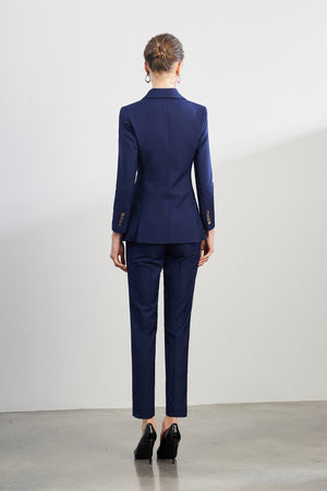 Navy Blue Belted Business Pant suits Set - FashionByTeresa
