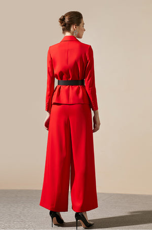 Red Wide Leg Belt Pant Suit - FashionByTeresa