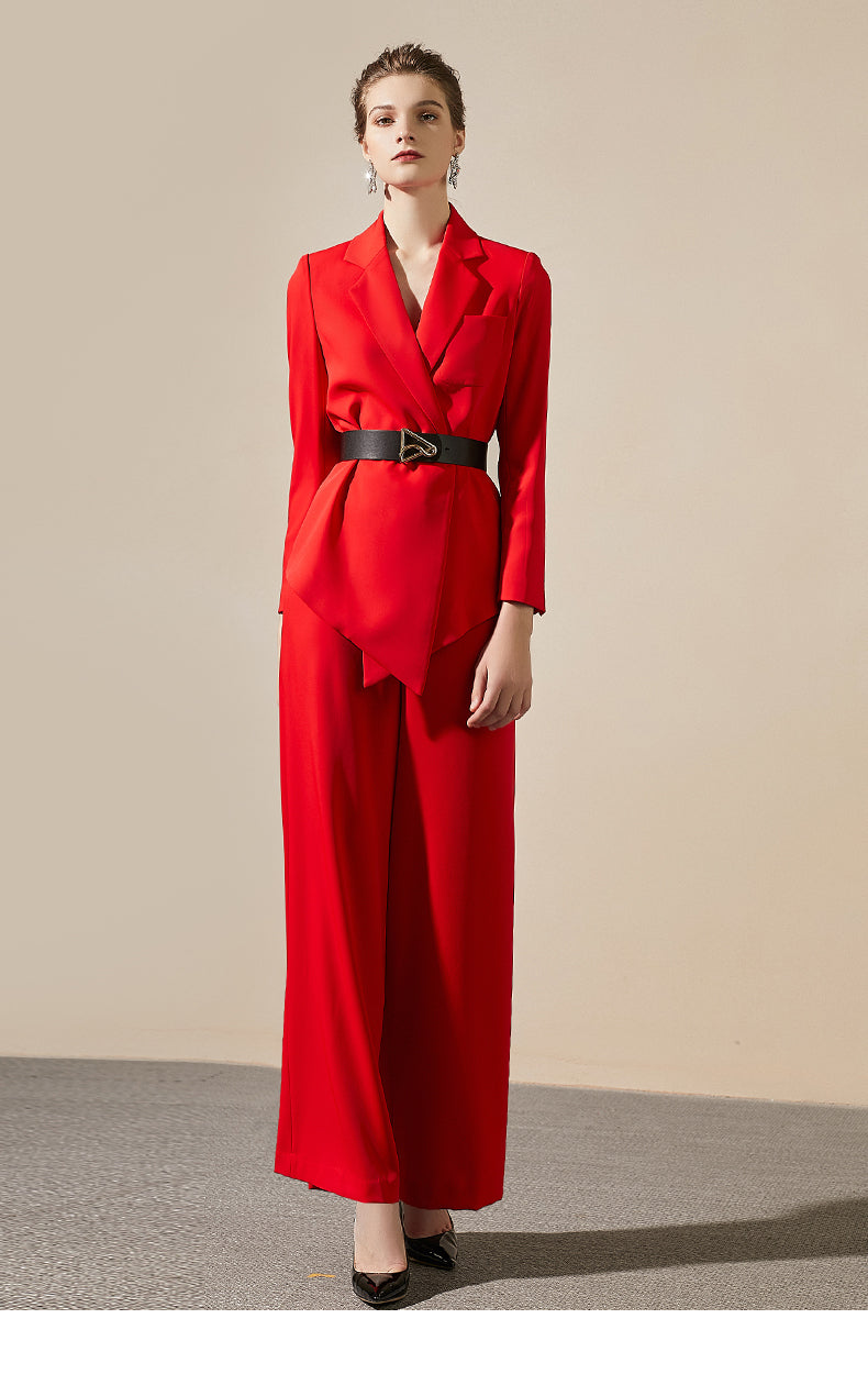 Red Wide Leg Belt Pant Suit - FashionByTeresa