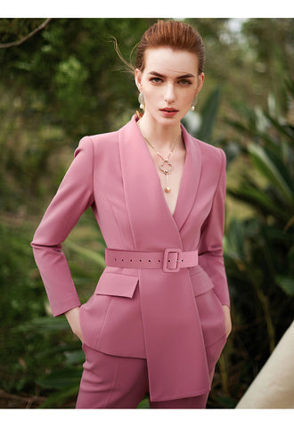 Pink Pantsuit for Women, Dress Pant Suit, 2 Piece Deep V Blazer