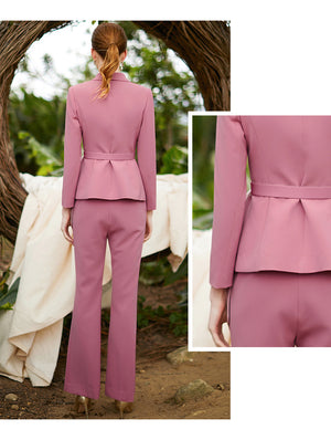Pink V-Neck Two Piece Business Pants Suits Set - FashionByTeresa