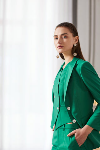 Green Tailored Three Piece V-Neck Pant Suits - FashionByTeresa