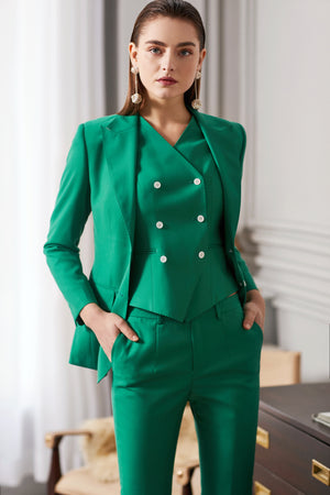 Green Tailored Three Piece V-Neck Pant Suits - FashionByTeresa