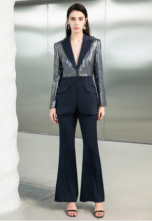 Blue Sequence Blazer with Flare Pantsuit - FashionByTeresa