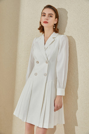 White V-Neck Pinstripes DoubleBreasted Pleated Dress - FashionByTeresa