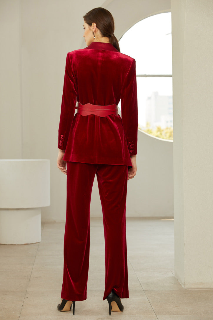 Wine Red V-neck Velvet Pant Suits, L