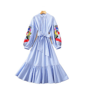 Summer Embroidery Lantern Sleeve Stripe Blue Dress - FashionByTeresa