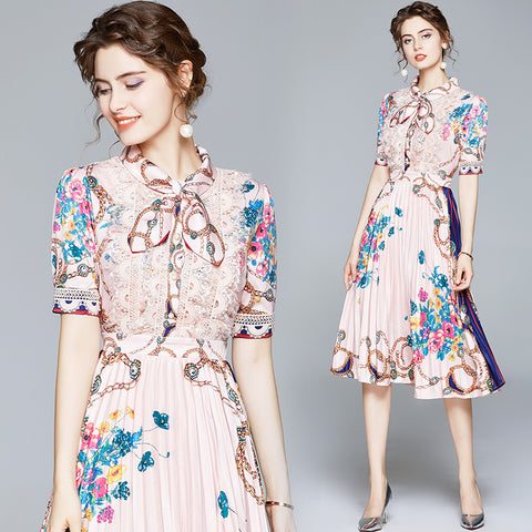 Floral Print Bow Neck Short Sleeve Vintage Elegant Dress - FashionByTeresa