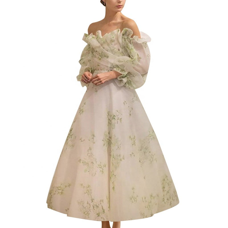 Green Floral Ruffle Organza Off Shoulder Maxi Dress - FashionByTeresa