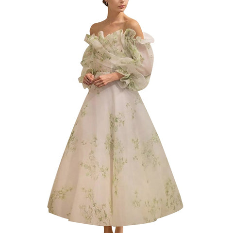 Organza Floral Maxi Dress-Cream/Green
