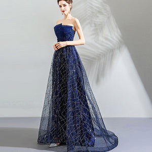Luxury Sexy Strapless Dark Blue A Line Beaded Lace Wedding Dress - FashionByTeresa