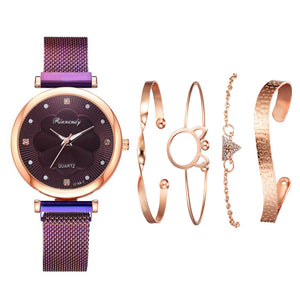 Luxury Magnet Buckle Flower Rhinestone Quartz Wrist Watch Bracelet Set - FashionByTeresa