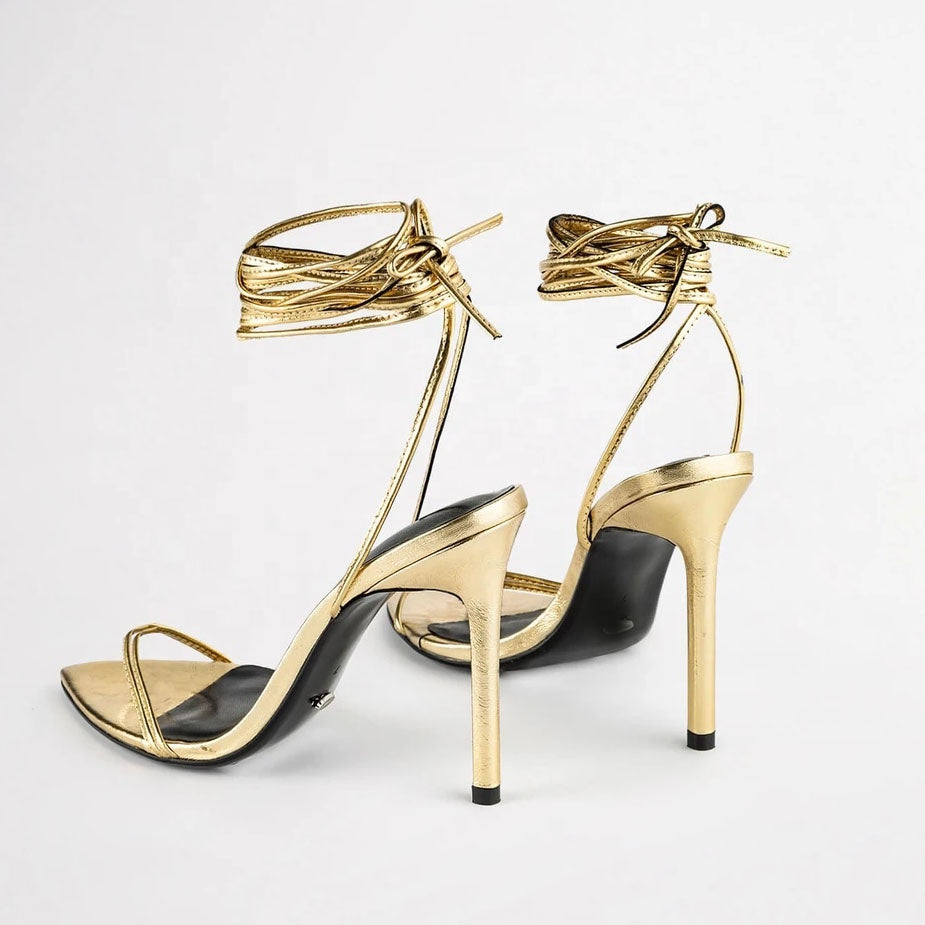 Metallic Pointed Toe Lace-up Sandals - FashionByTeresa